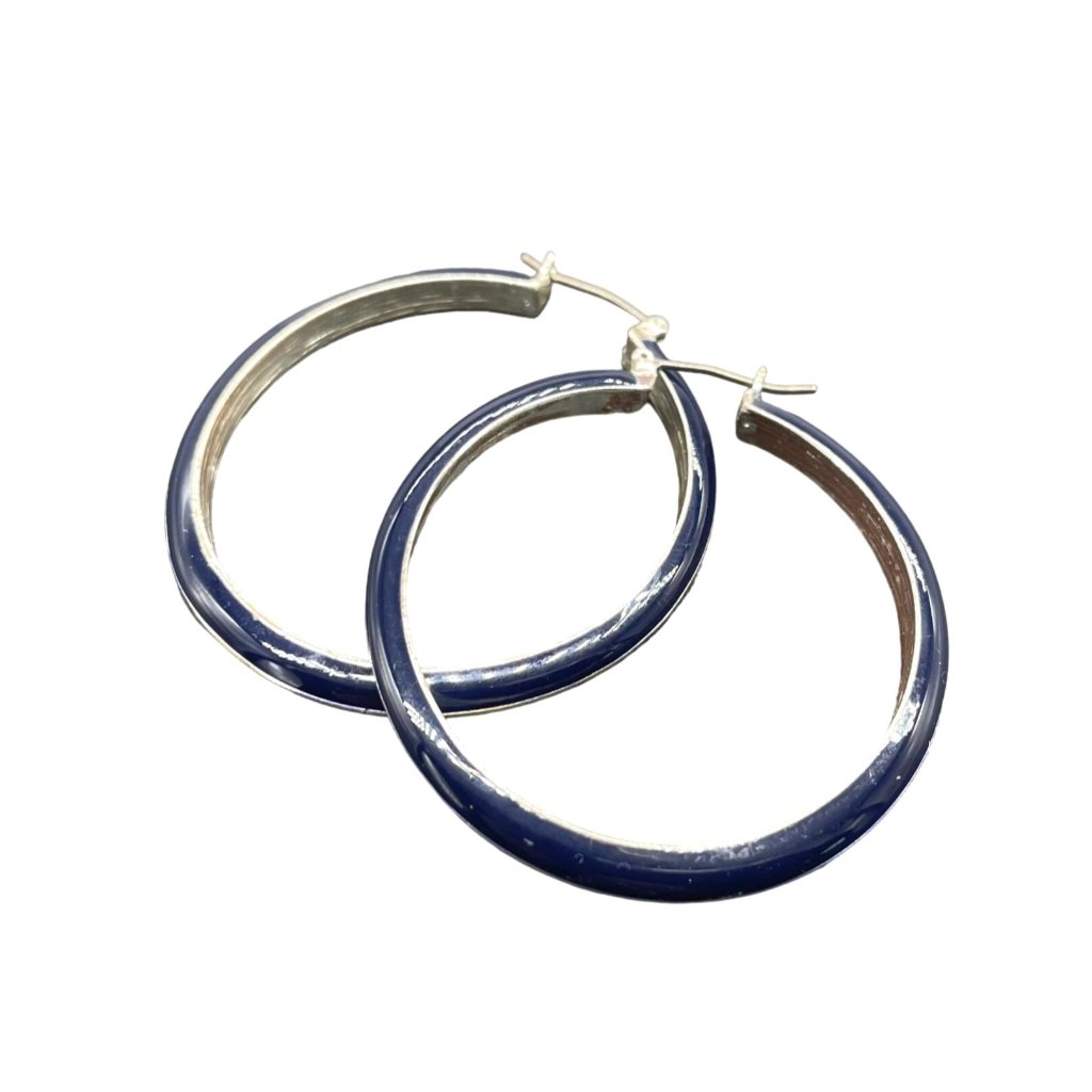 Nrq Blue Enamel Hoop Earrings Silver Tone Bohemian Retro Preppy